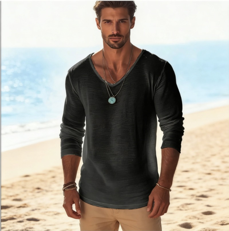 Linen Shirt Breathable - Herren Casual V-Ausschnitt Leinen-Mischgewebe Langarm T-Shirt